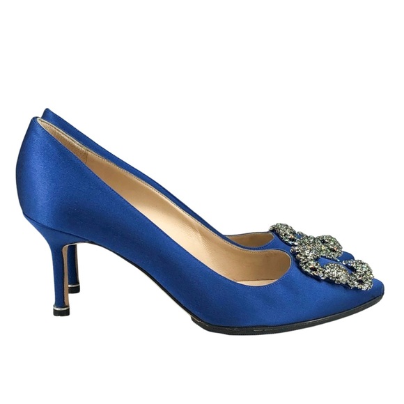 Manolo Blahnik Hangisi 70 Blue Satin Crystal Buckle Pumps 37.5 - Picture 2 of 7